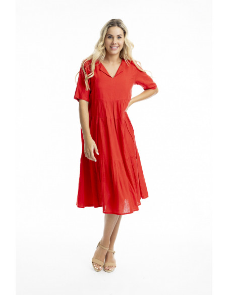 Orientique Essentials Cotton Slub Dress Midi Layered  Scarlet