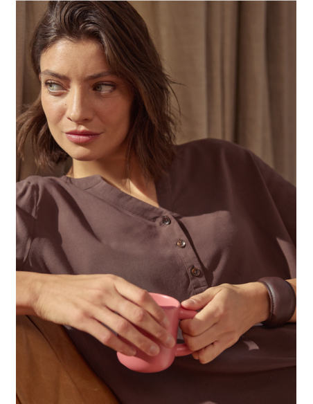 Cecil NOS Solid Splitneck Blouse 346416 Macchiato Brown