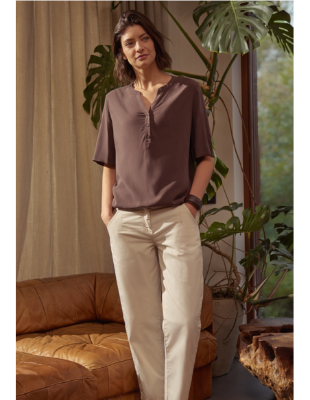Cecil NOS Solid Splitneck Blouse 346416 Macchiato Brown
