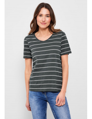 Cecil NOS Stripe Rounded V-neck Easy Khaki